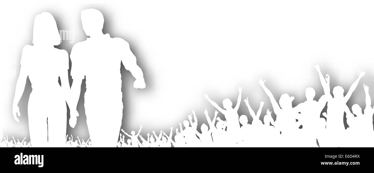 Editable vector cutout of a couple walking and crowd cheering with background shadow made using a gradient mesh Stock Vector