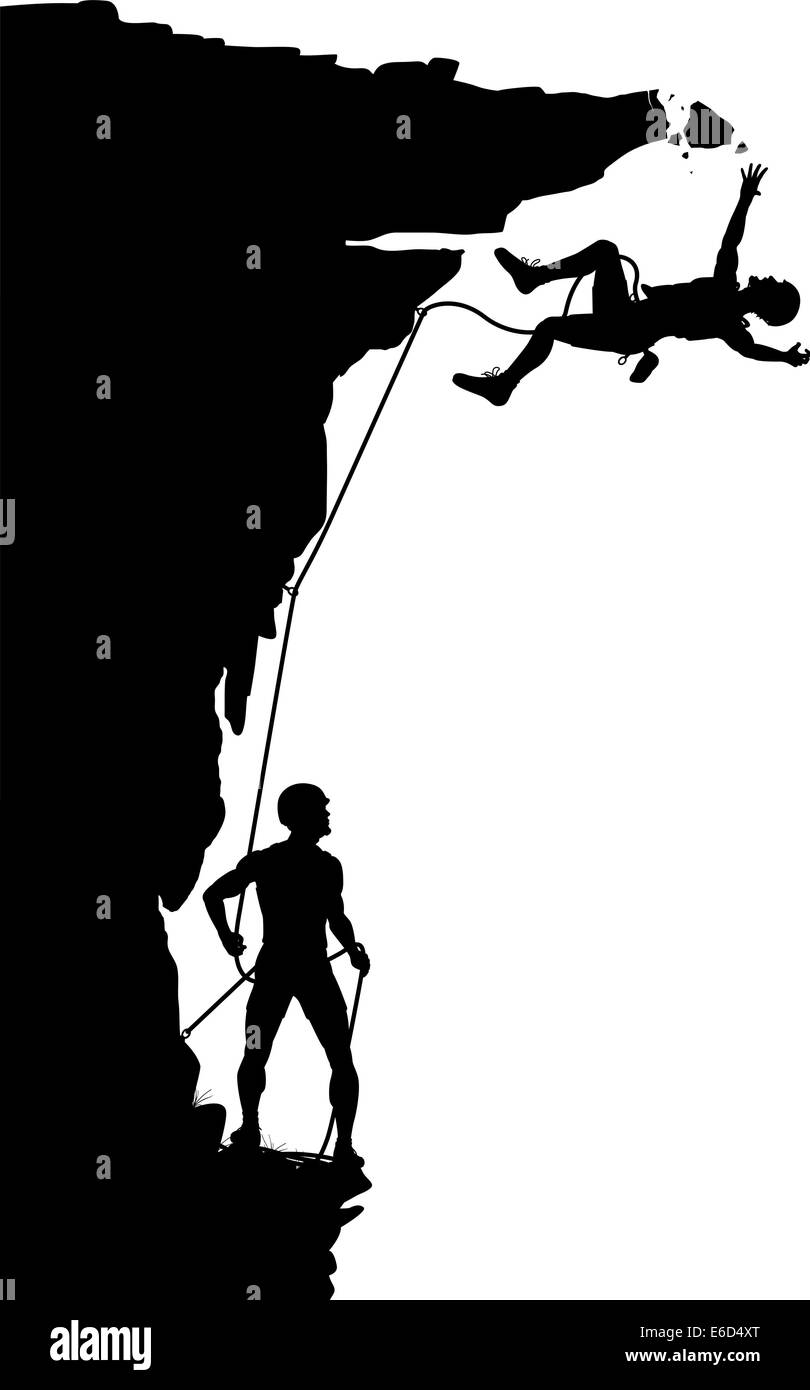 Editable vector silhouette of a climber falling from a breaking overhang with figures as separate objects Stock Vector