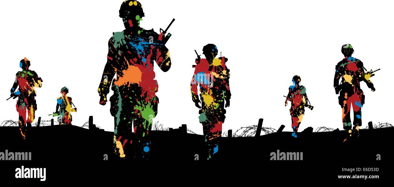 Editable vector illustration of paint splattered soldiers walking on patrol Stock Vector