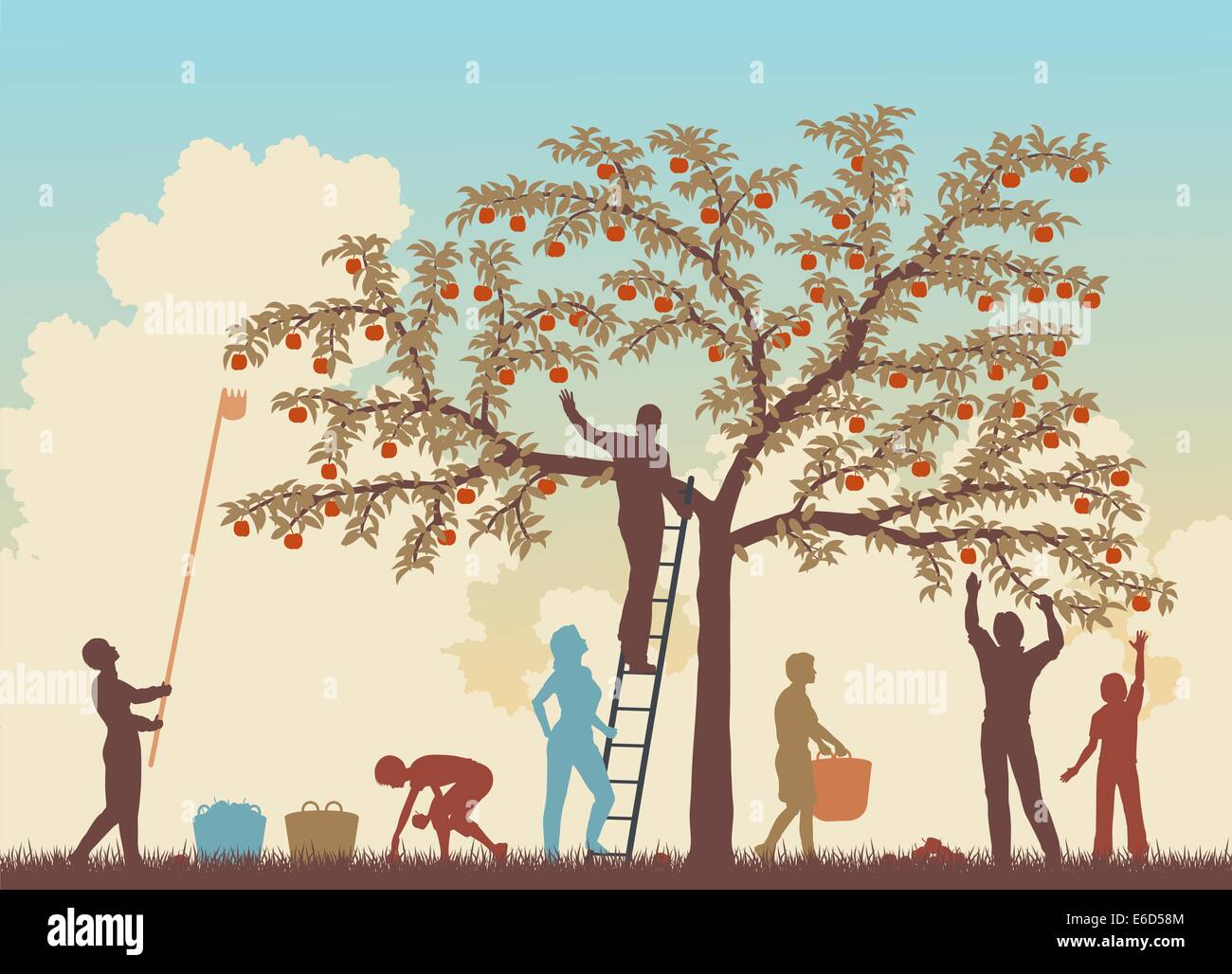 Editable vector colorful illustration of a family harvesting apples from a tree Stock Vector