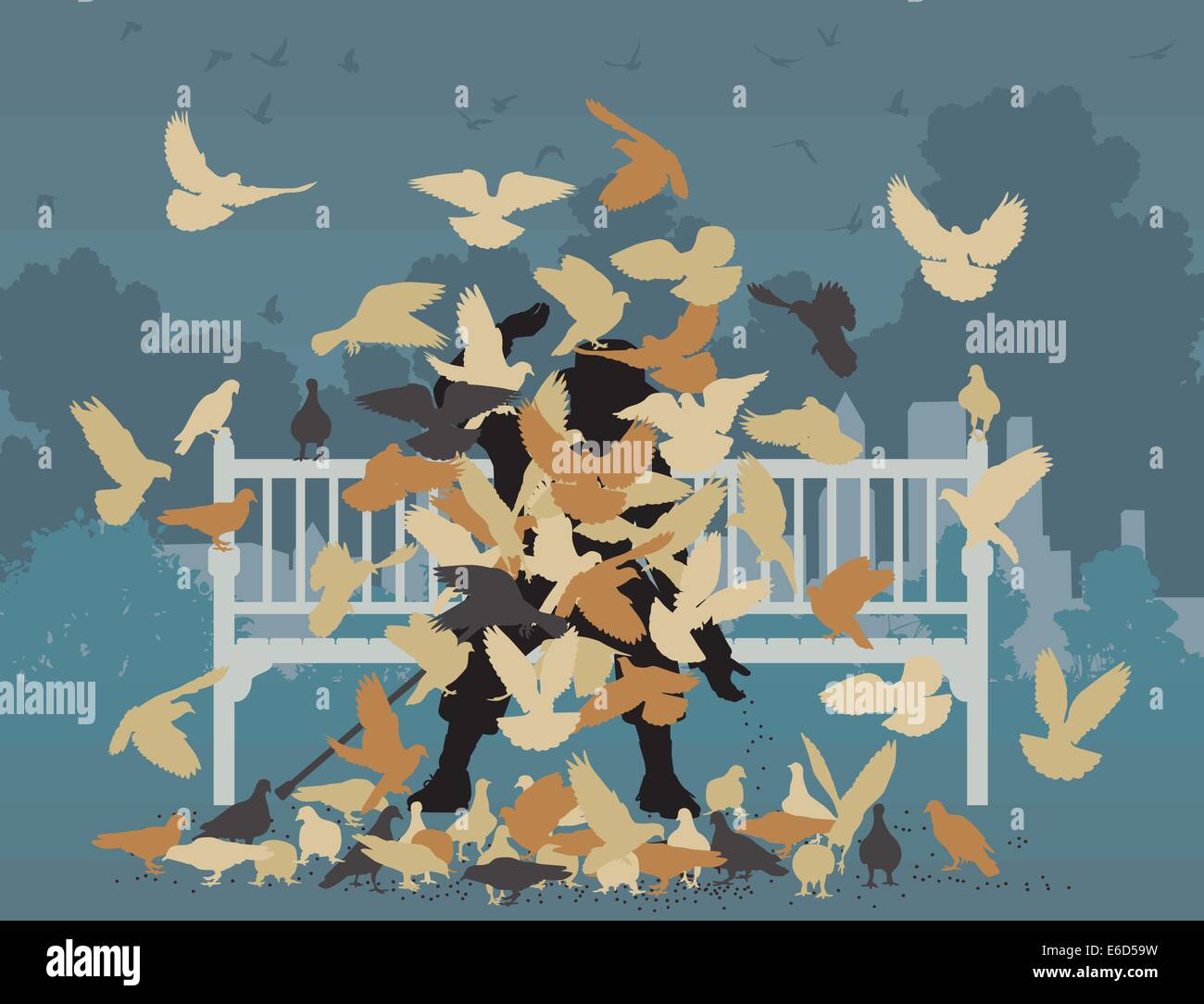 Editable vector illustration of a man on a park bench smothered by pigeons Stock Vector