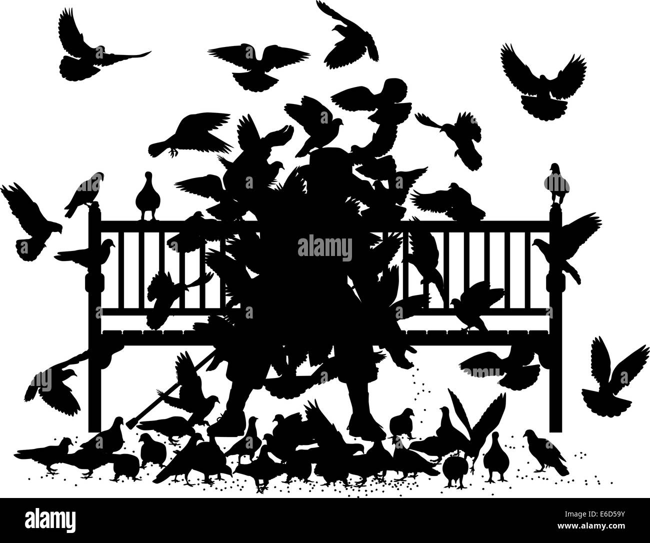Editable vector silhouettes of a man on a bench smothered by pigeons with all birds as separate objects Stock Vector