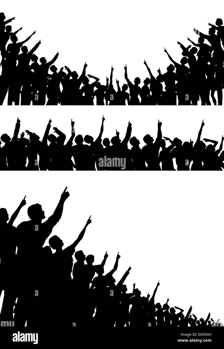 Set of editable vector silhouettes of crowds pointing and looking upwards with all figures as separate objects Stock Vector