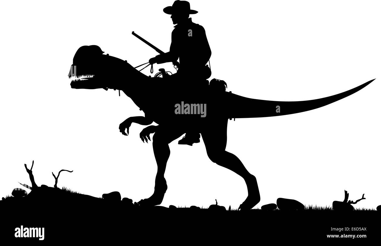 Editable vector silhouette of a cowboy riding a Dilophosaurus dinosaur as separate objects Stock Vector