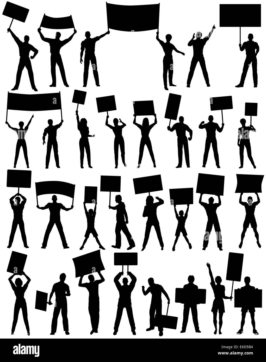 Set of editable vector silhouettes of protesters and banners with all elements as separate objects Stock Vector