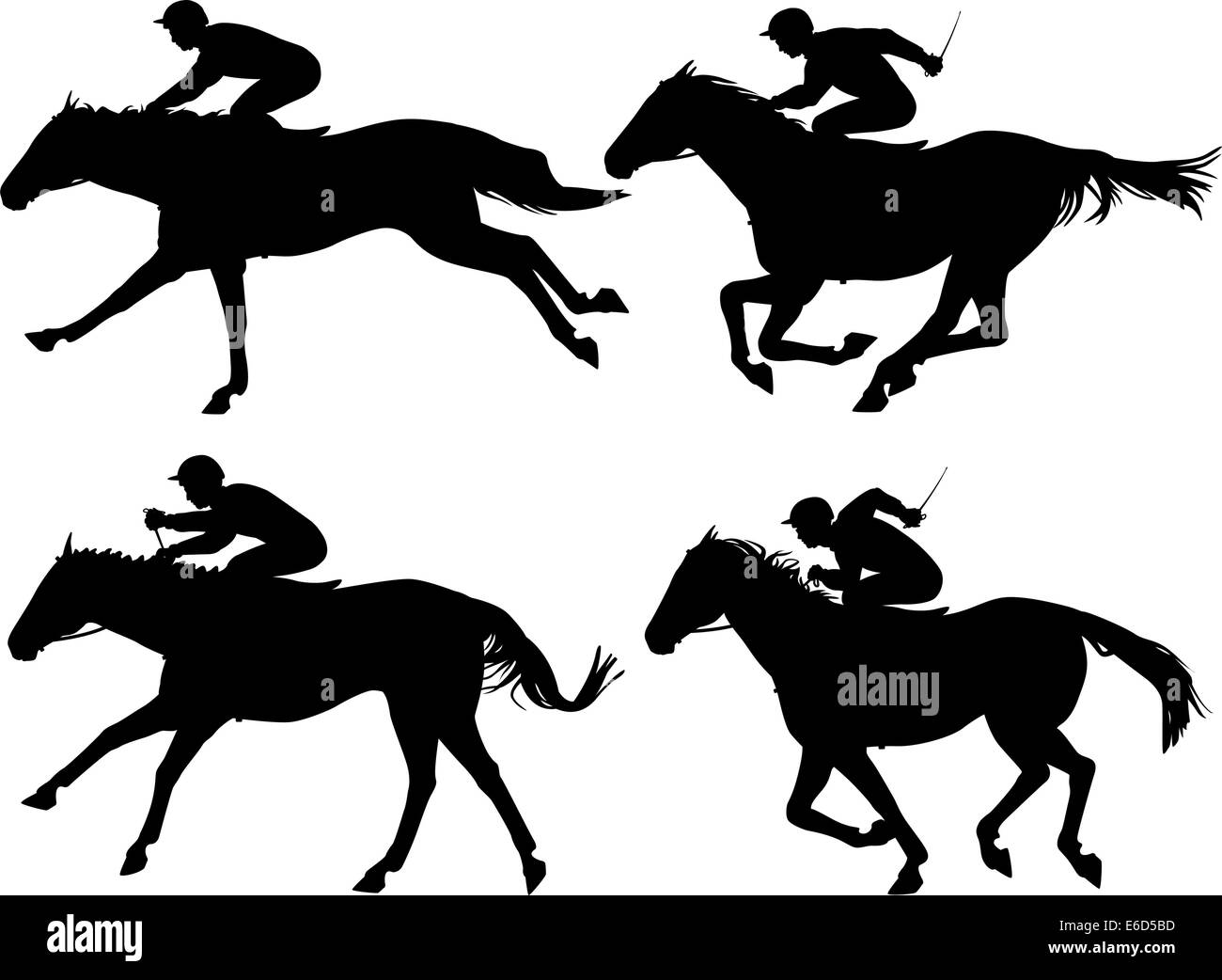 Editable vector silhouettes of racing horses with horses and jockeys as separate objects Stock Vector