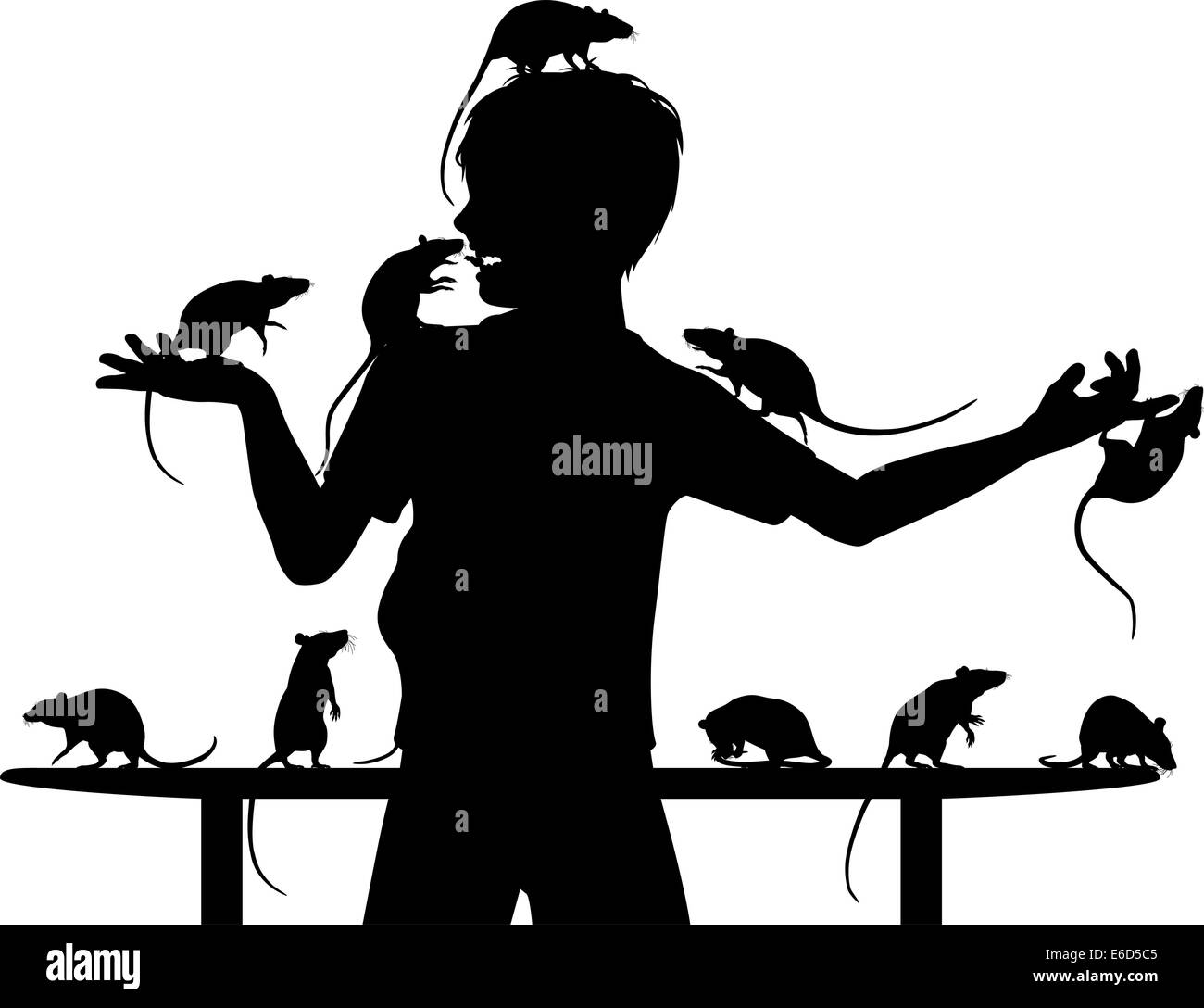 Editable vector silhouettes of a young boy and his pet rats with all figures as separate objects Stock Vector