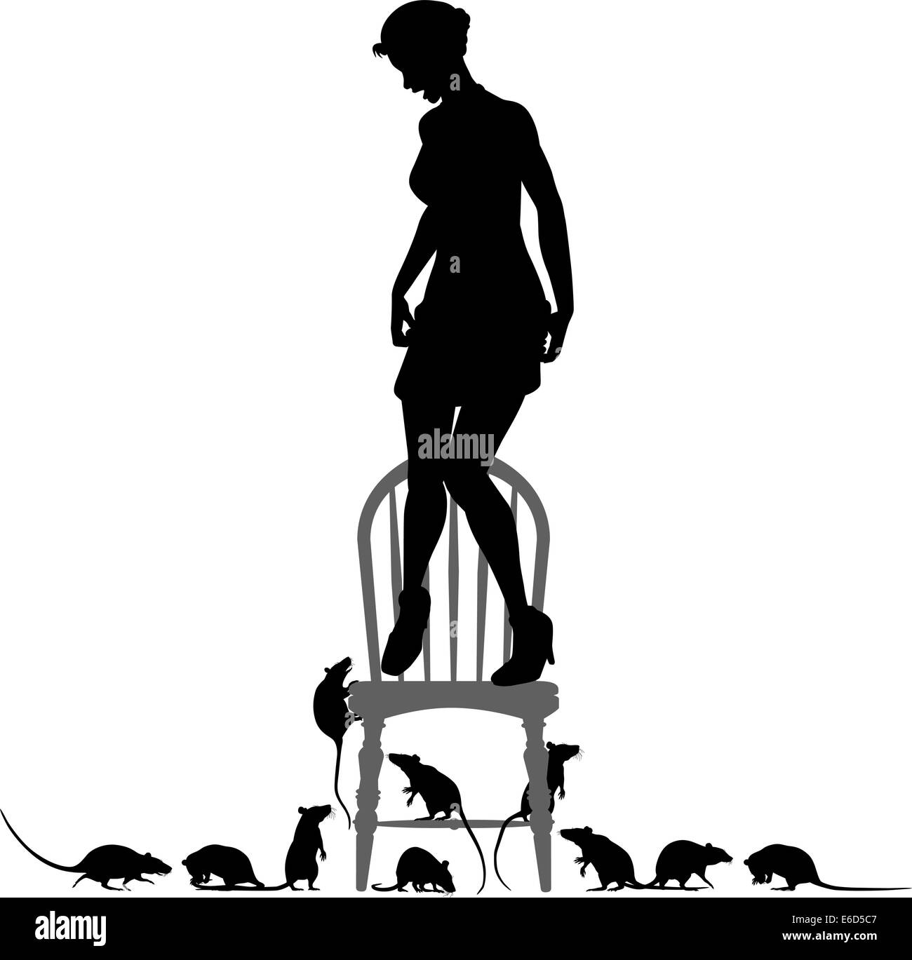 Editable vector silhouettes of a frightened woman standing on a chair surrounded by rats Stock Vector