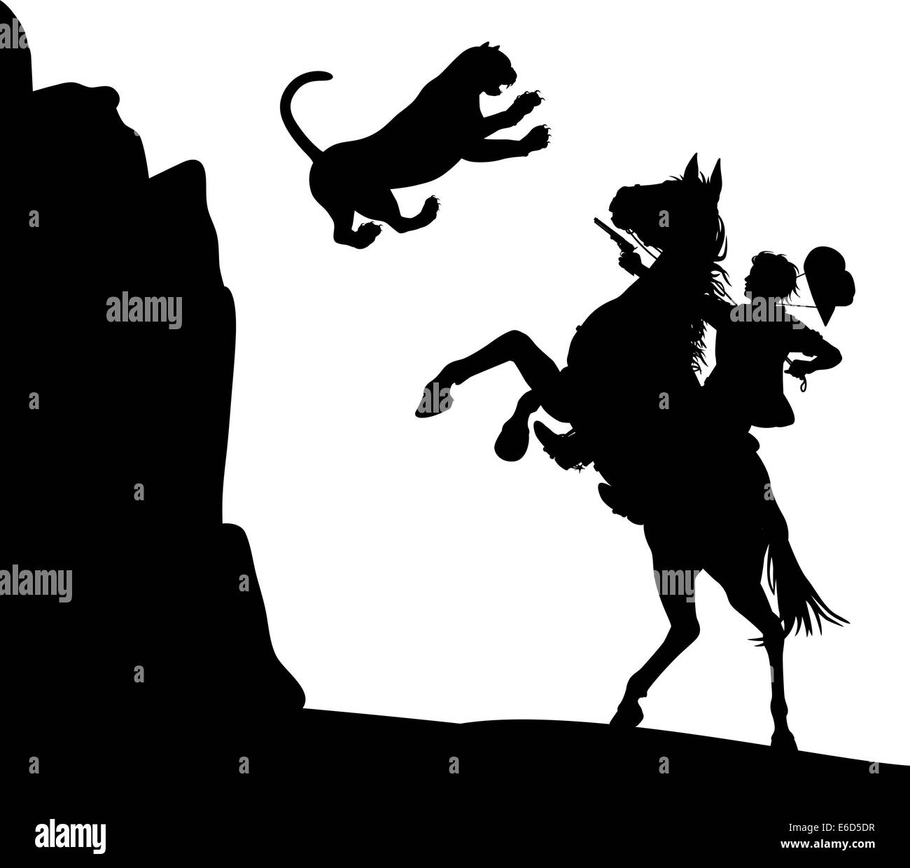 Editable vector illustration of a mountain lion jumping down at a cowboy on horseback Stock Vector