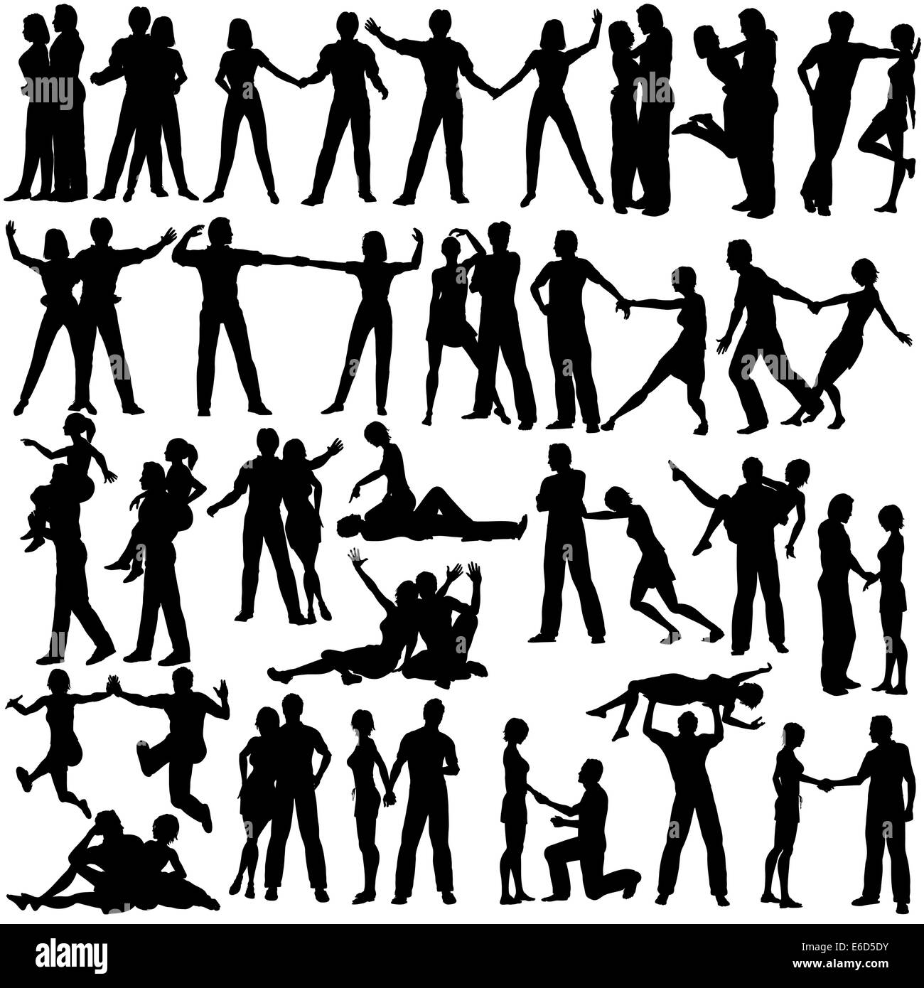 Set of editable vector silhouettes of man and woman couples with every figure as a separate object Stock Vector