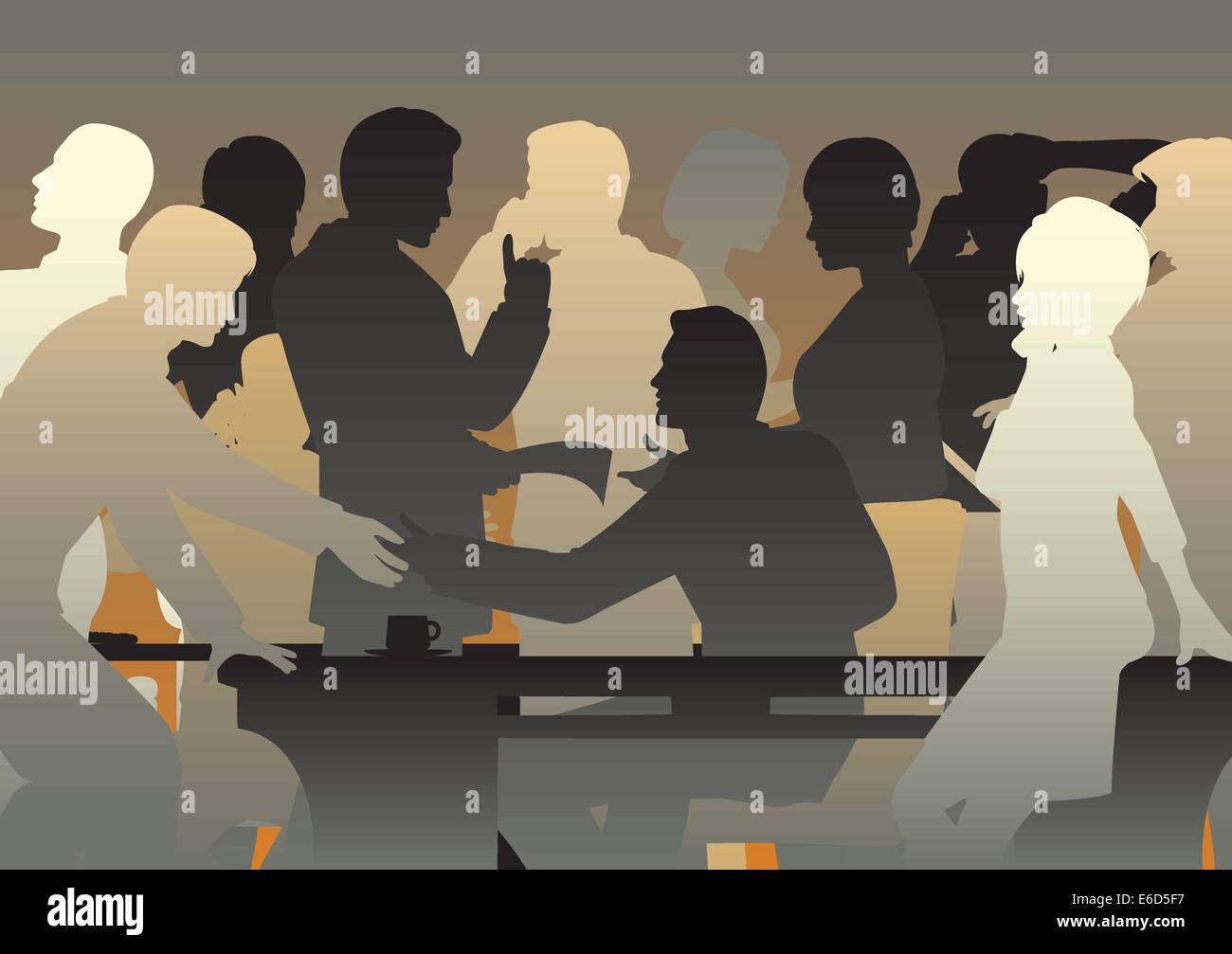 Editable vector silhouettes of people in a busy office or meeting Stock Vector
