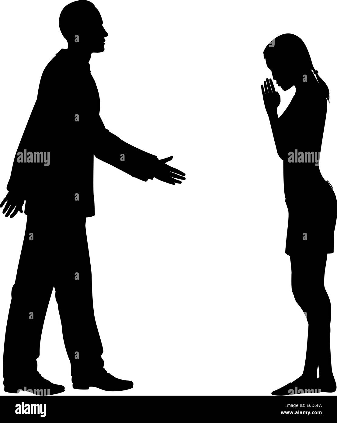 Editable vector silhouettes of the culture clash as a western man and an east asian woman greet each other Stock Vector