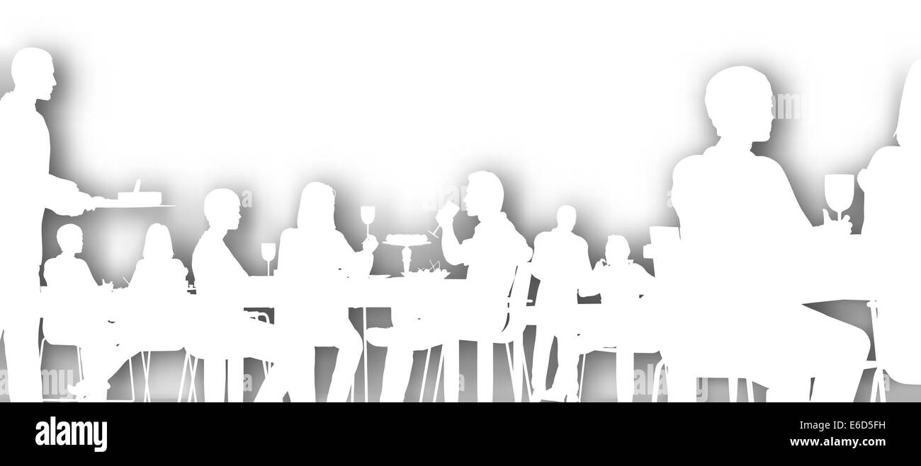 Editable vector cutout of people dining in a restaurant with background shadow made using a gradient mesh Stock Vector