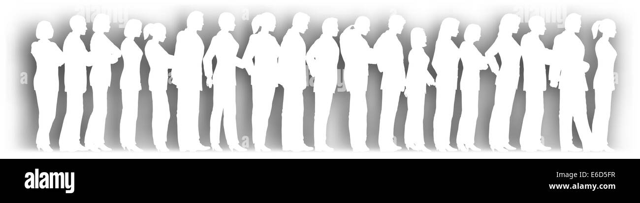Editable vector cutout of people standing in a queue with background shadow made using a gradient mesh Stock Vector