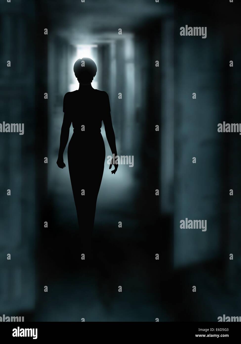 Editable vector illustration of a woman's silhouette walking down a dark passage made using a gradient mesh Stock Vector