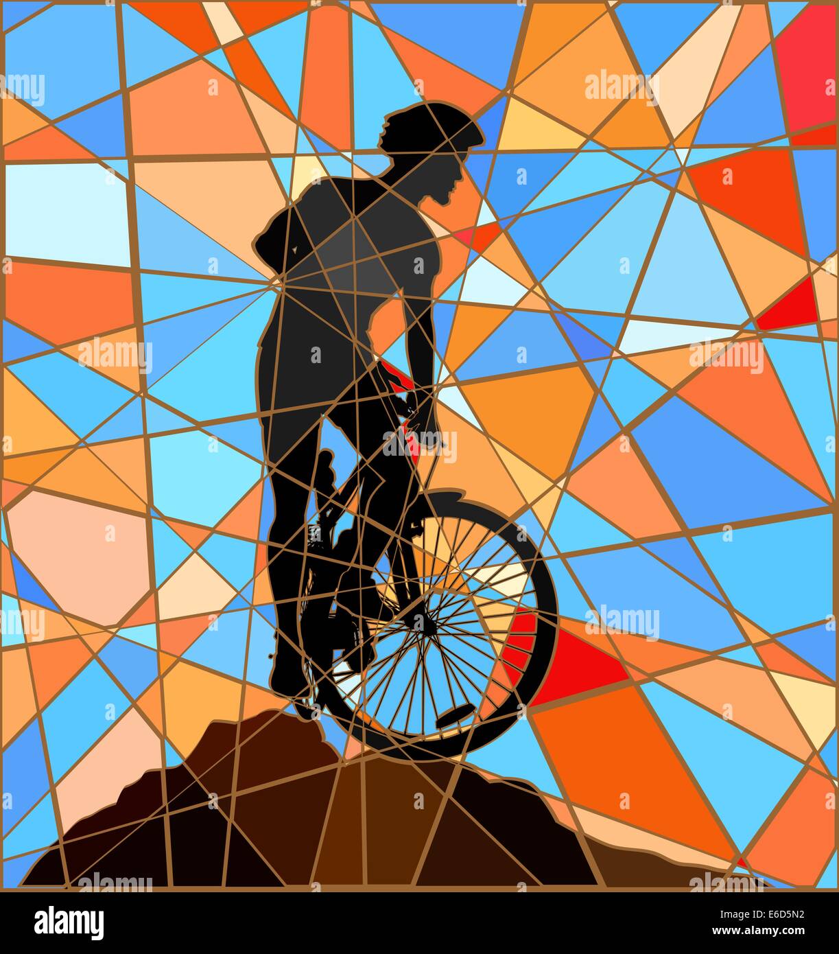Editable vector colorful mosaic illustration of a mountain biker silhouette high on a ridge Stock Vector