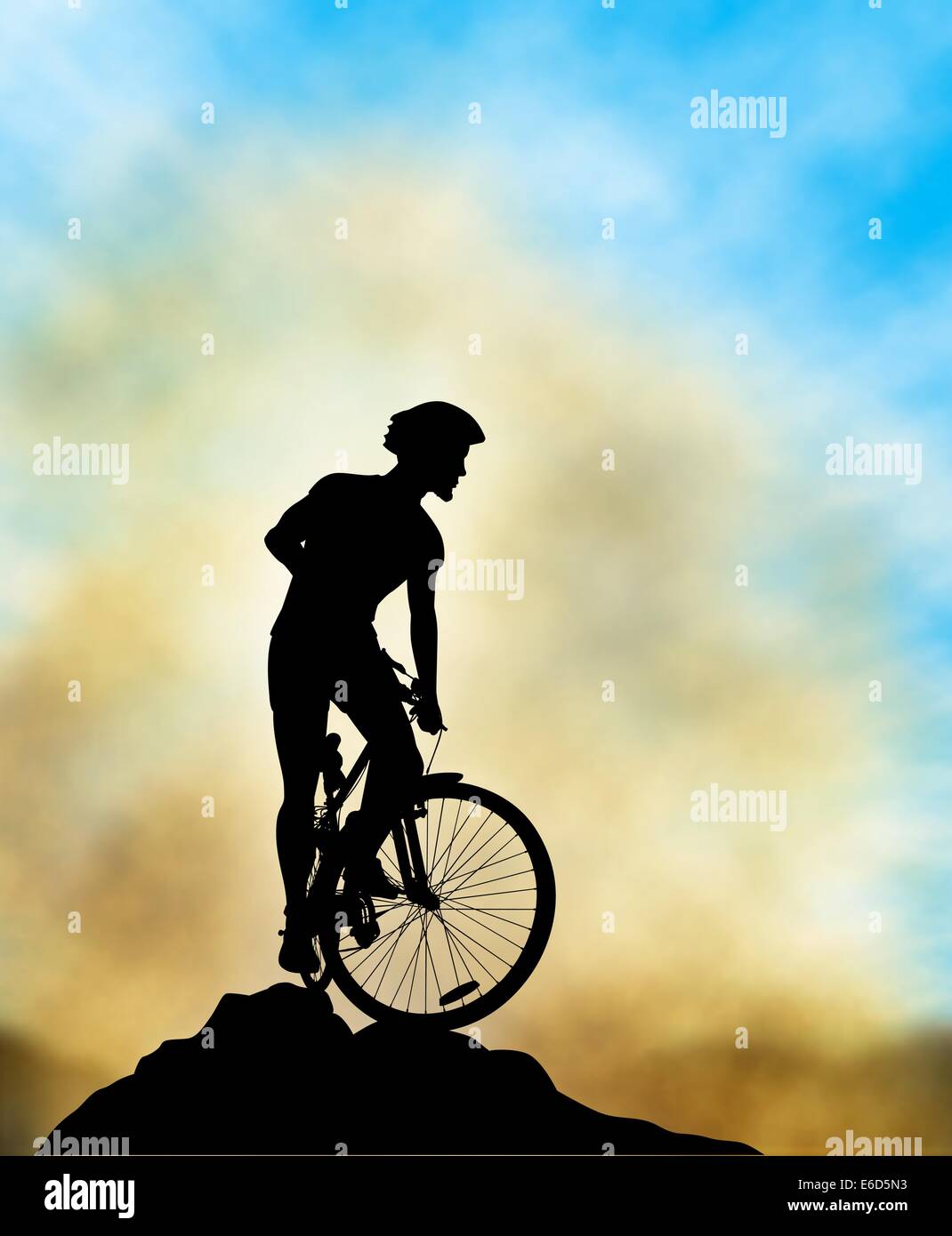 Editable vector illustration of a mountain biker silhouette high on a ridge with background sky and mist made using a gradient m Stock Vector