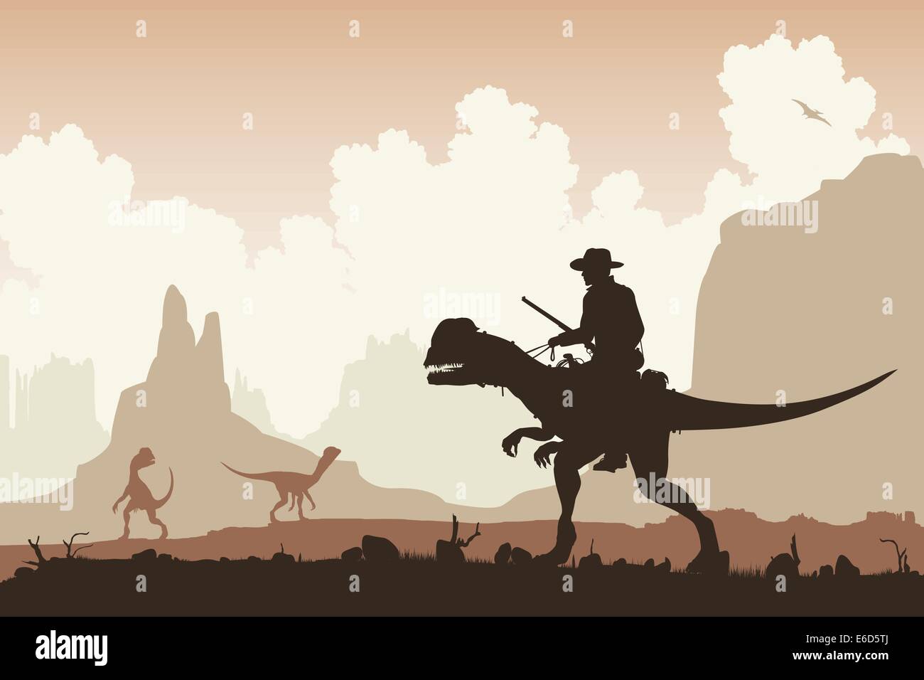 Editable vector illustration of a cowboy riding a Dilophosaurus dinosaur in a primeval landscape Stock Vector