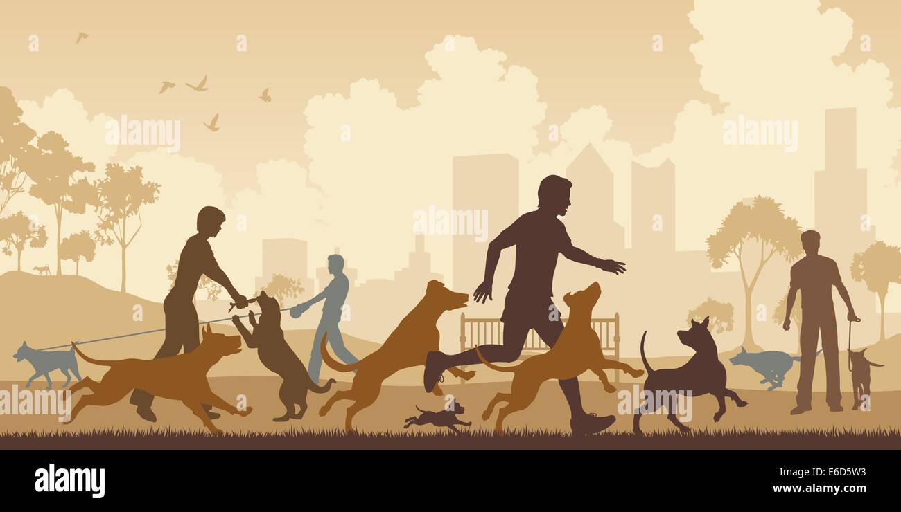 Editable vector illustration of dogs and their owners in a park with all elements as separate objects Stock Vector