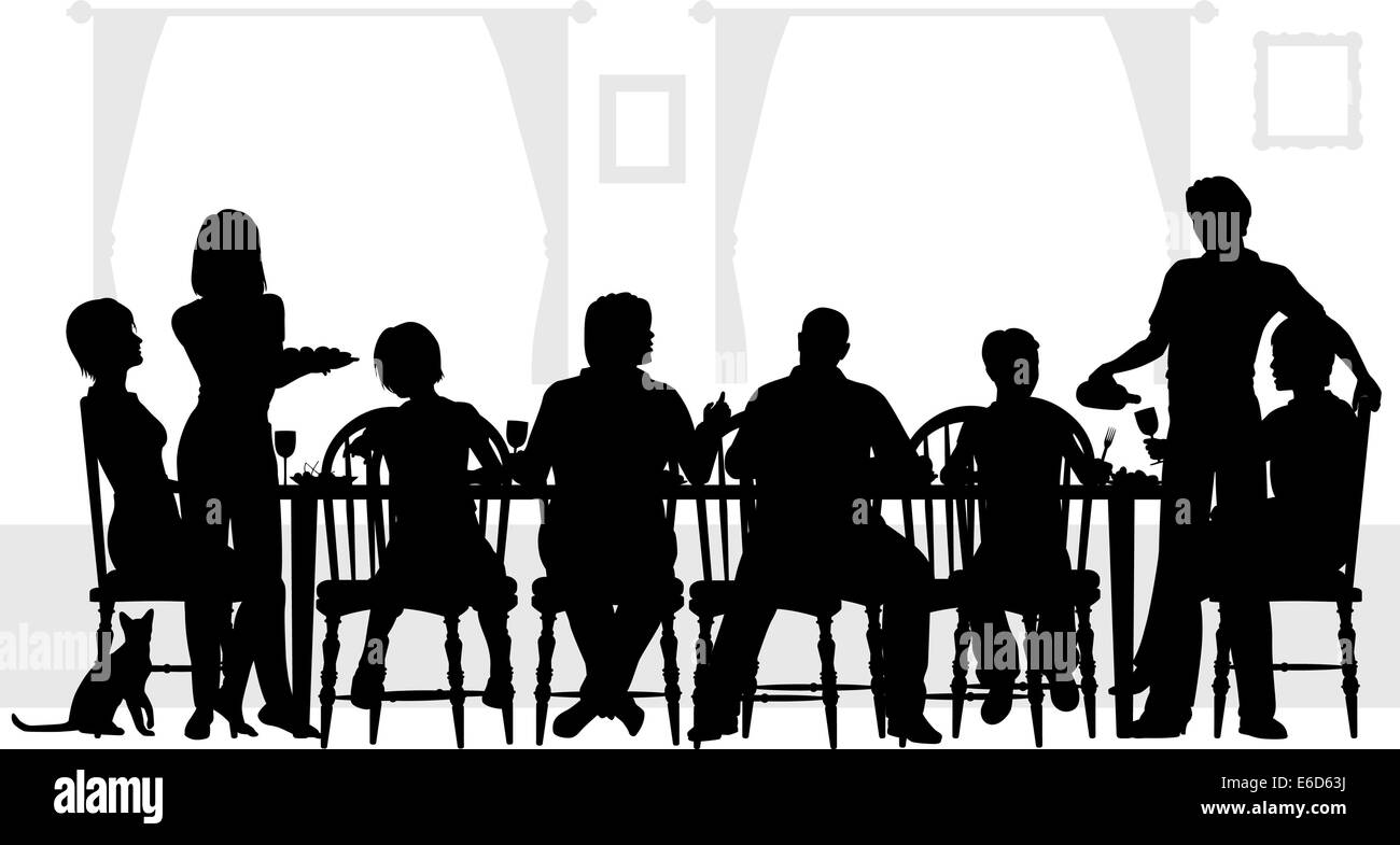 Editable vector silhouettes of a family dining together with all elements as separate objects Stock Vector
