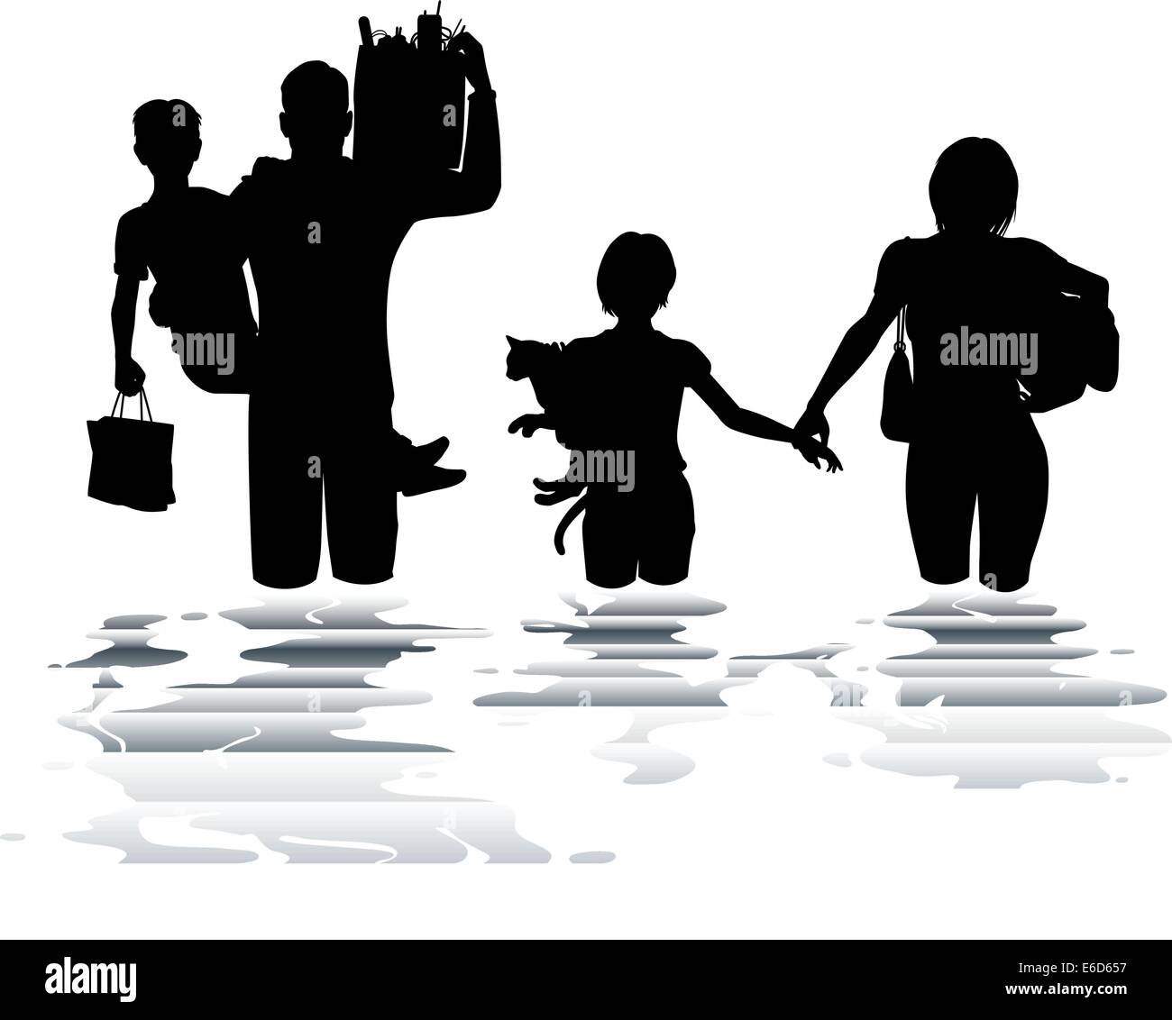 Editable vector illustration of a family carrying belongings through a flood Stock Vector