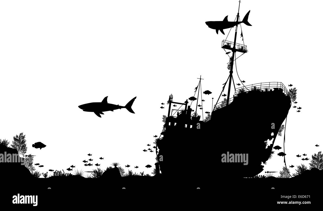 Editable vector silhouette foreground of coral, sharks and fish around a sunken boat Stock Vector