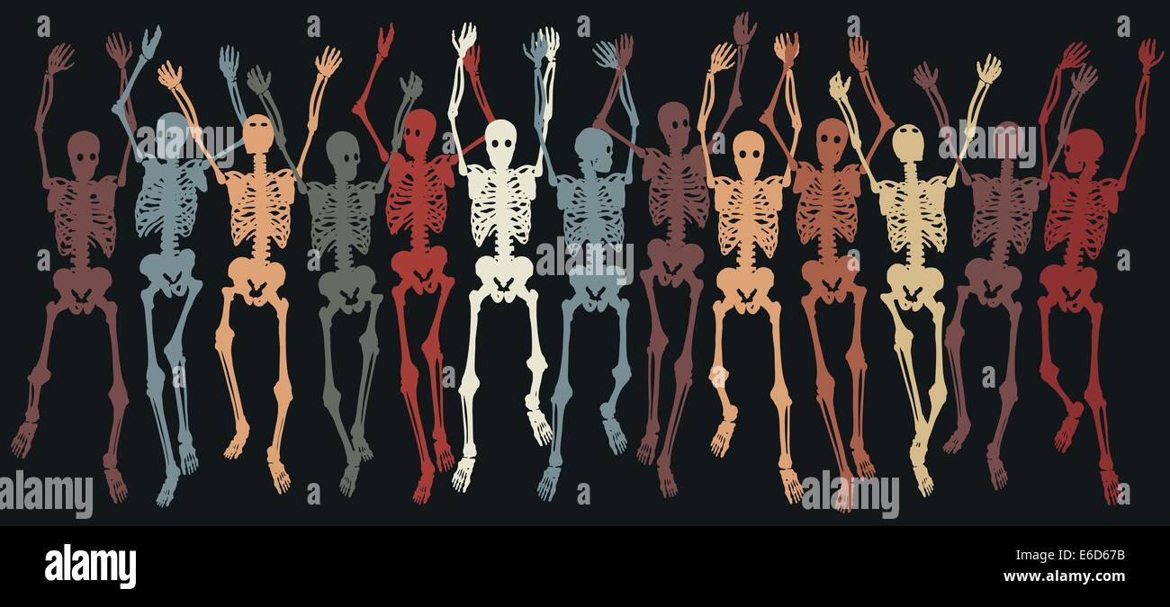 Colorful group of editable vector skeletons jumping together Stock Vector
