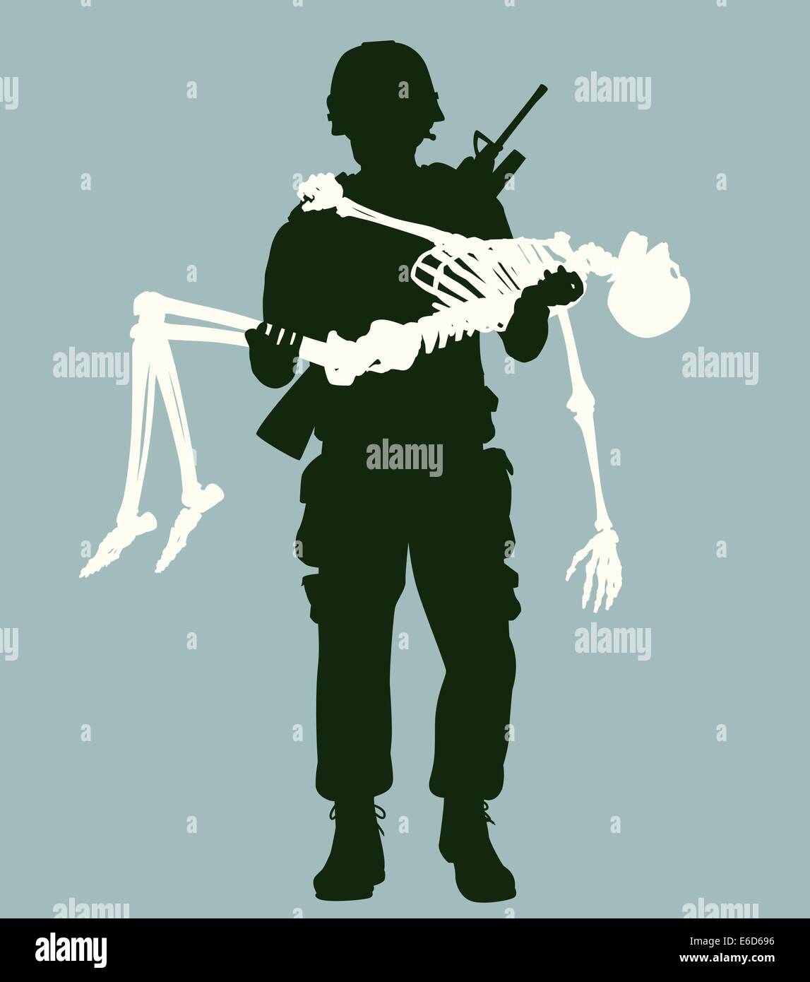 Editable vector illustration of a soldier carrying a skeleton in his arms Stock Vector