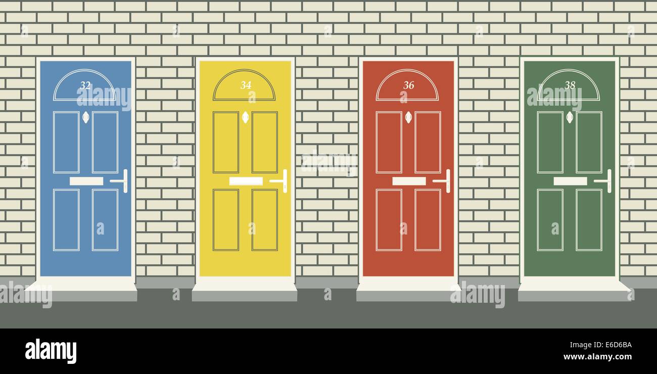Editable vector illustration of four colorful front doors Stock Vector