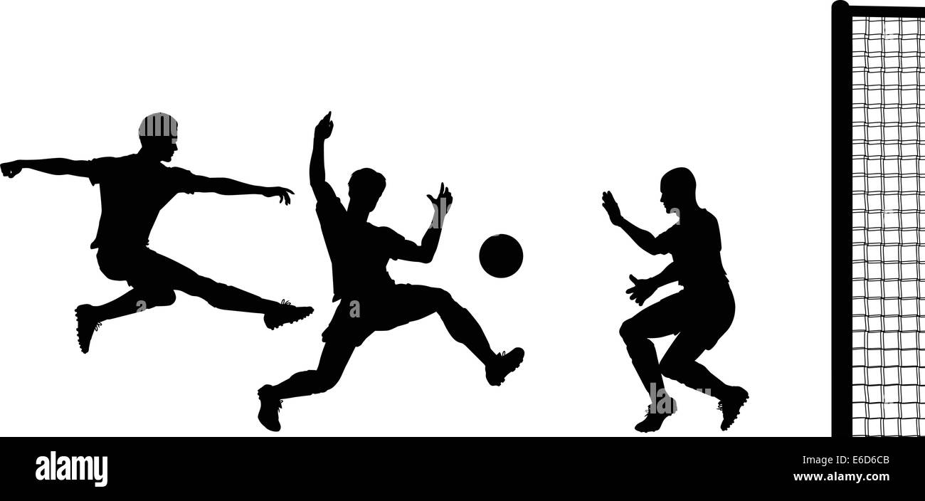 Editable vector silhouette of action in a football match Stock Vector
