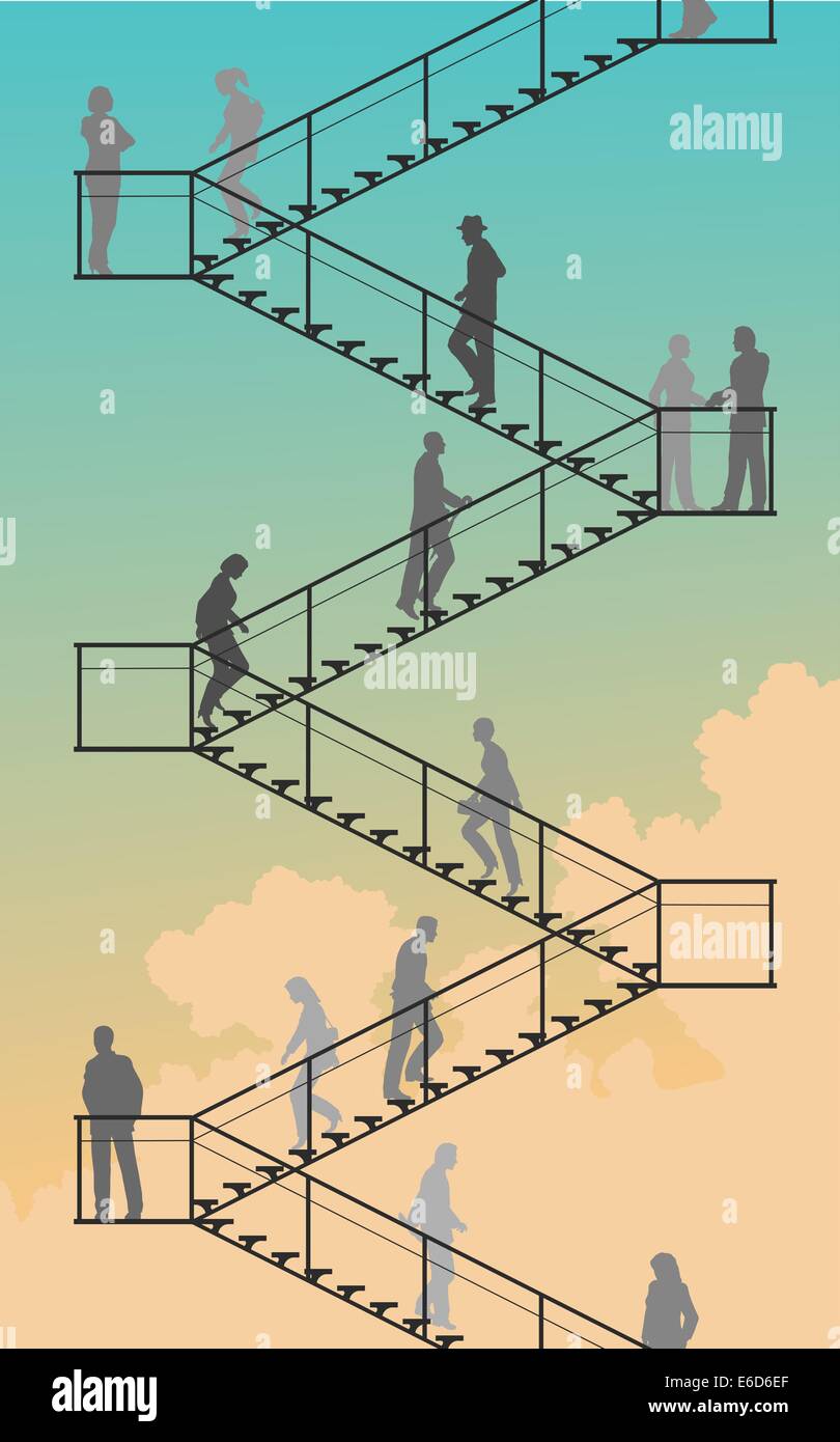 Editable vector silhouettes of people walking up and down flights of stairs with sky background Stock Vector