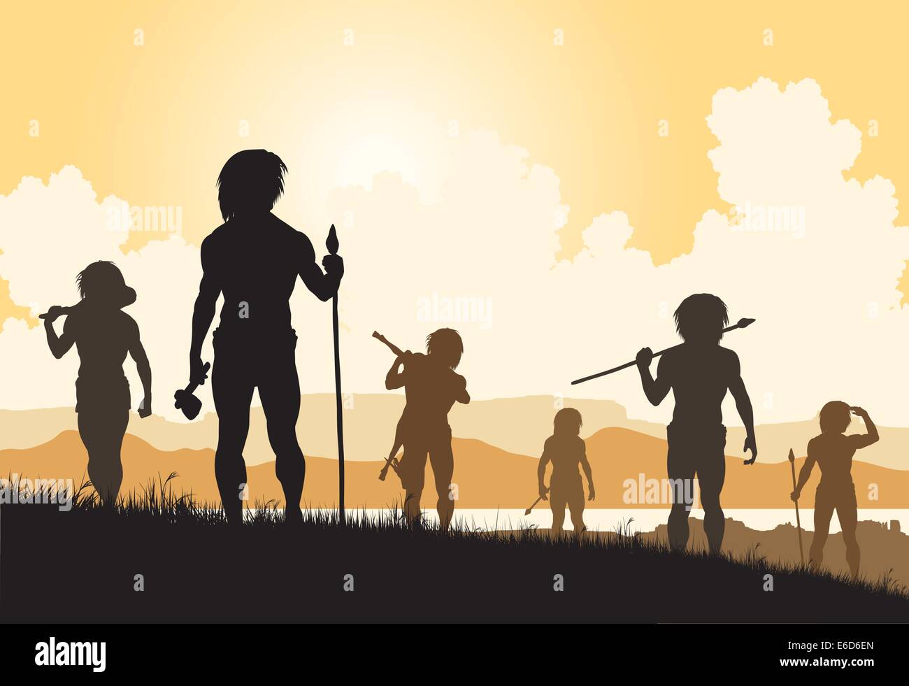 Editable vector silhouettes of cavemen hunters on patrol Stock Vector