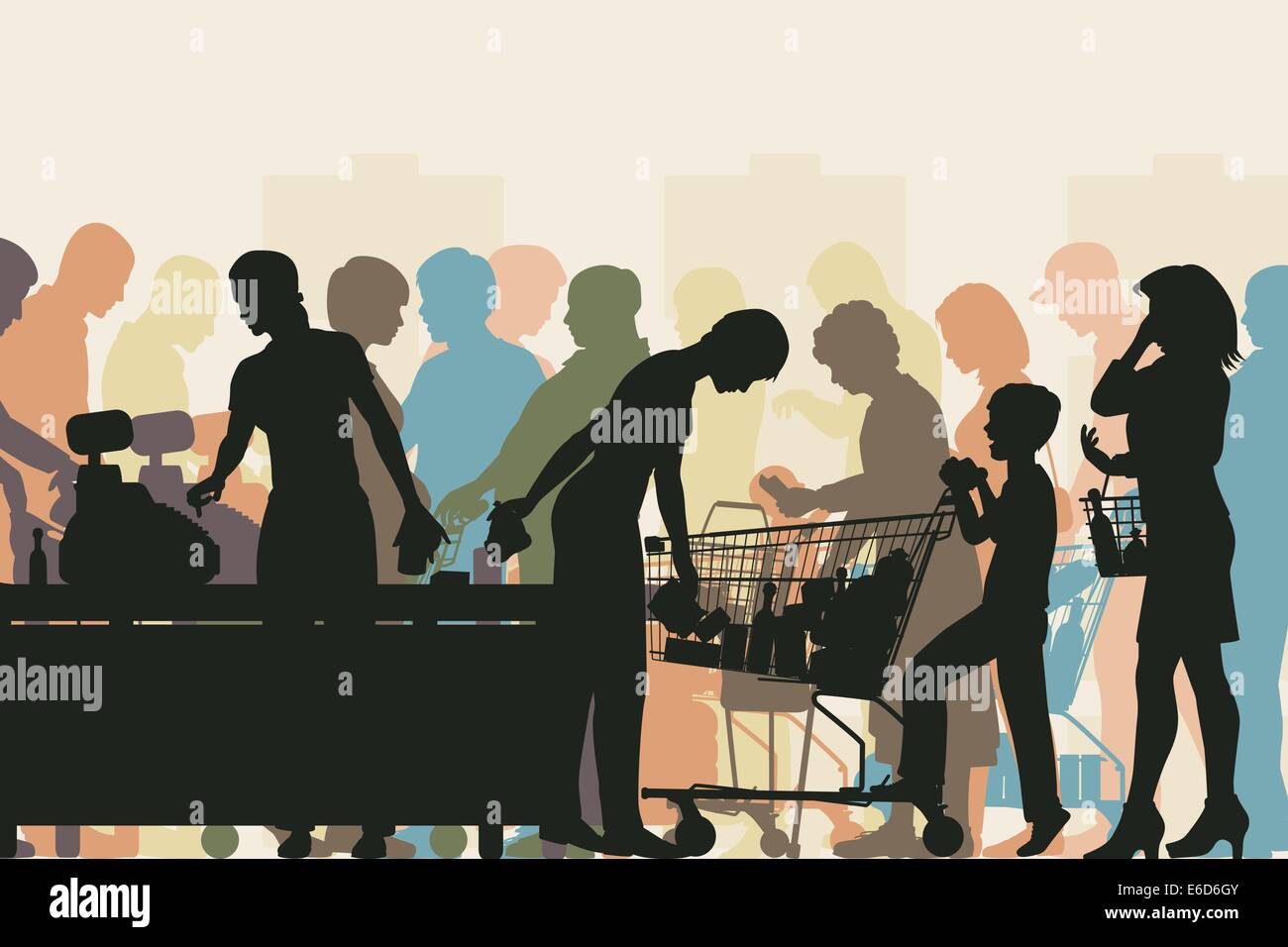 Editable vector colorful illustration of people in checkout queues in a busy supermarket Stock Vector