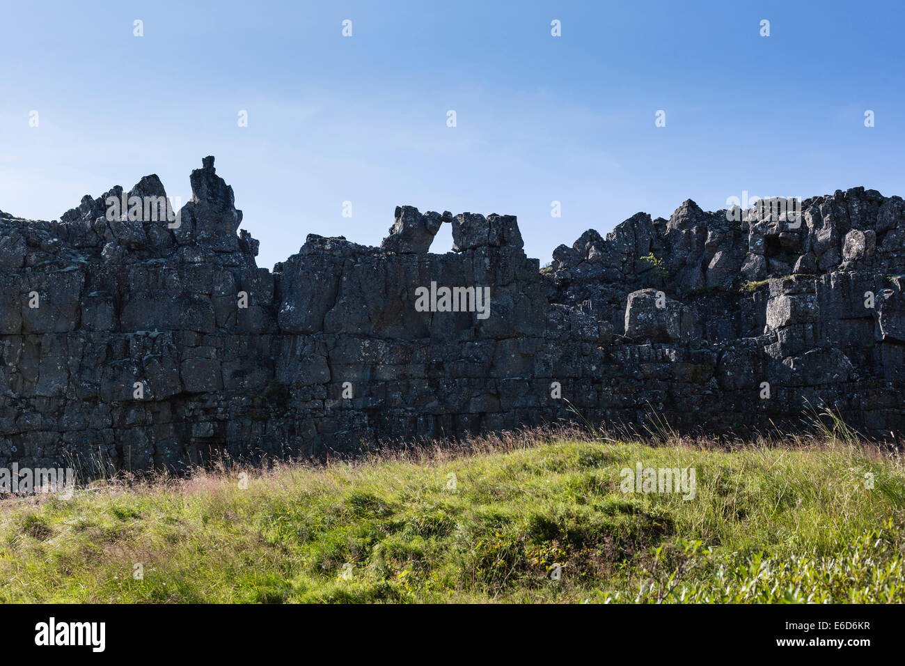 Representation of some of the Law Speakers of past centuries over the River Öxará in Thingvellir National Park. Stock Photo