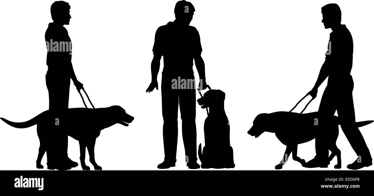 Editable vector silhouettes of a blind man and his guide dog with each man and dog as a separate object Stock Vector