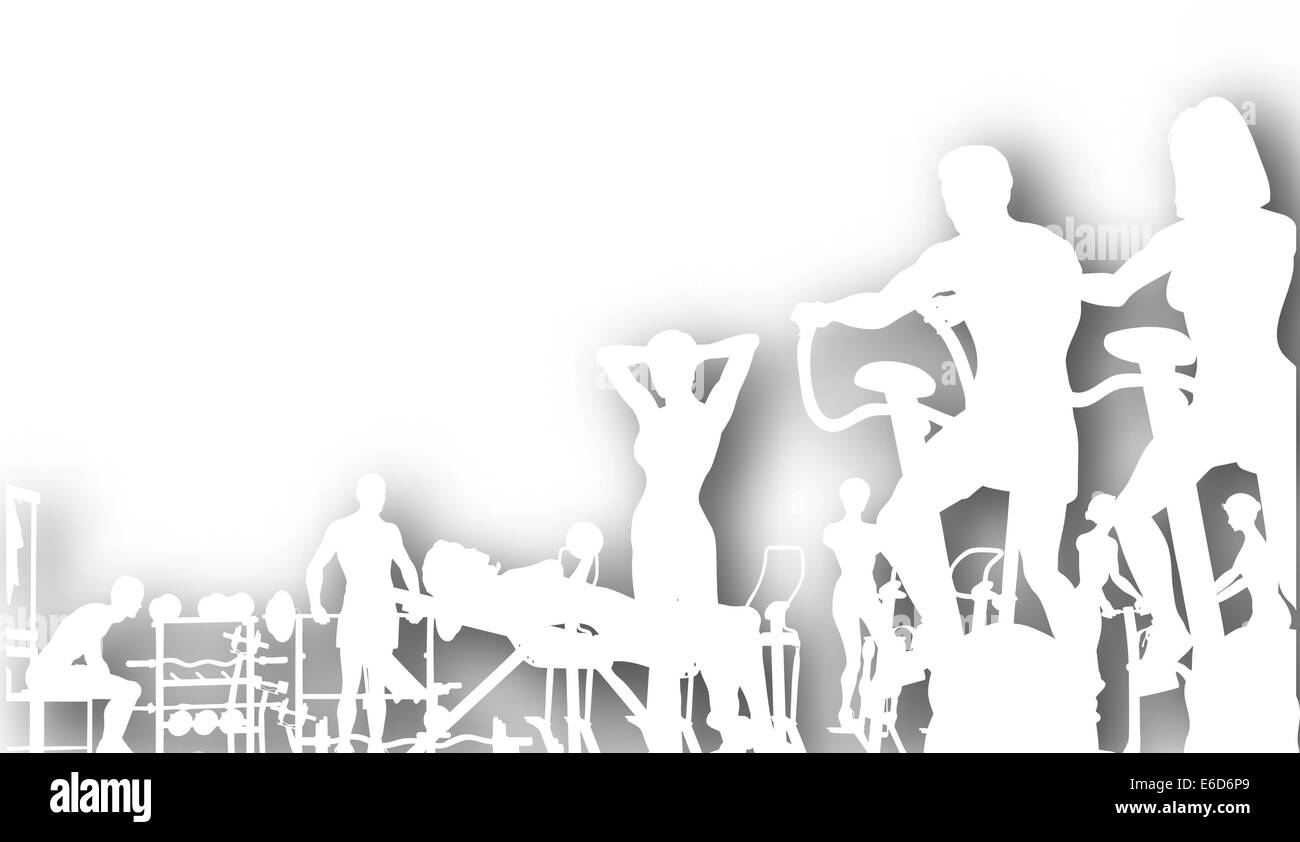 Editable vector cutout of people exercising in a gym with background shadow made using a gradient mesh Stock Vector