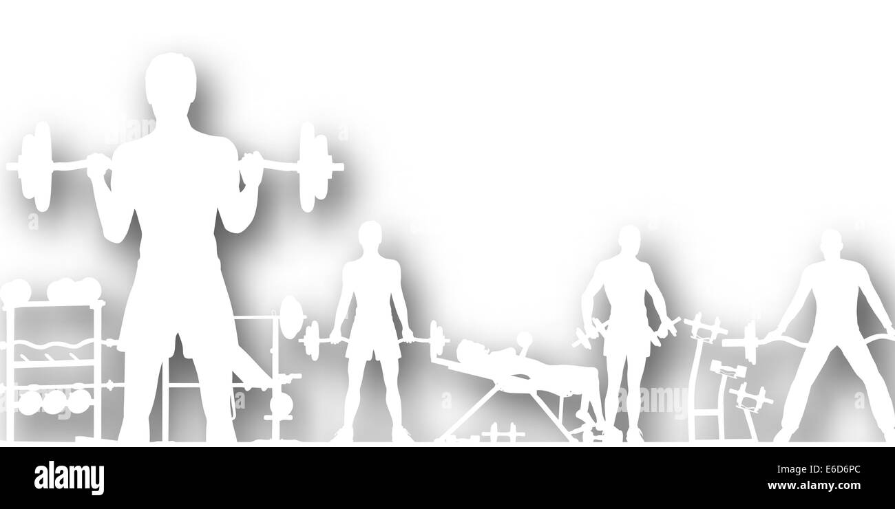 Editable vector cutout of people exercising in a gym with background shadow made using a gradient mesh Stock Vector