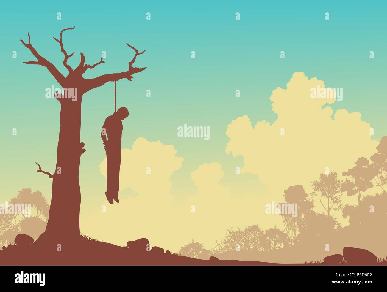 Editable vector silhouette of a man hanged from a dead tree Stock Vector