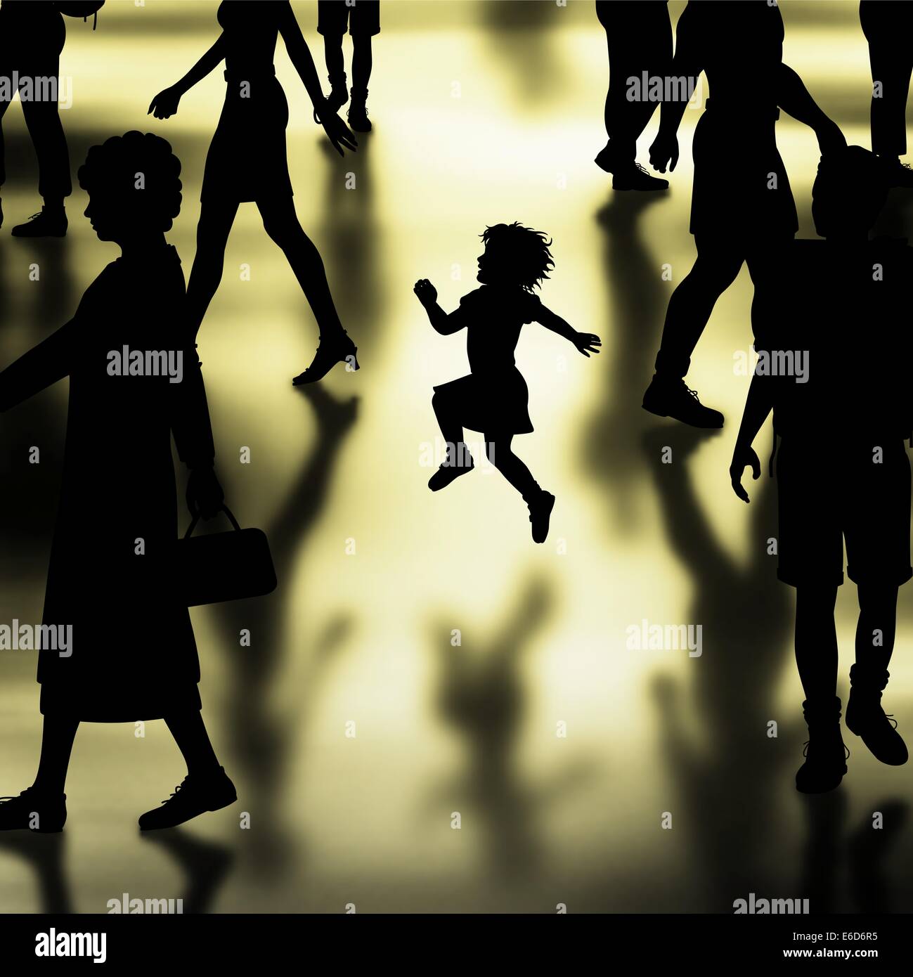 Editable vector silhouette of a young girl skipping in a crowded hall made using a gradient mesh Stock Vector