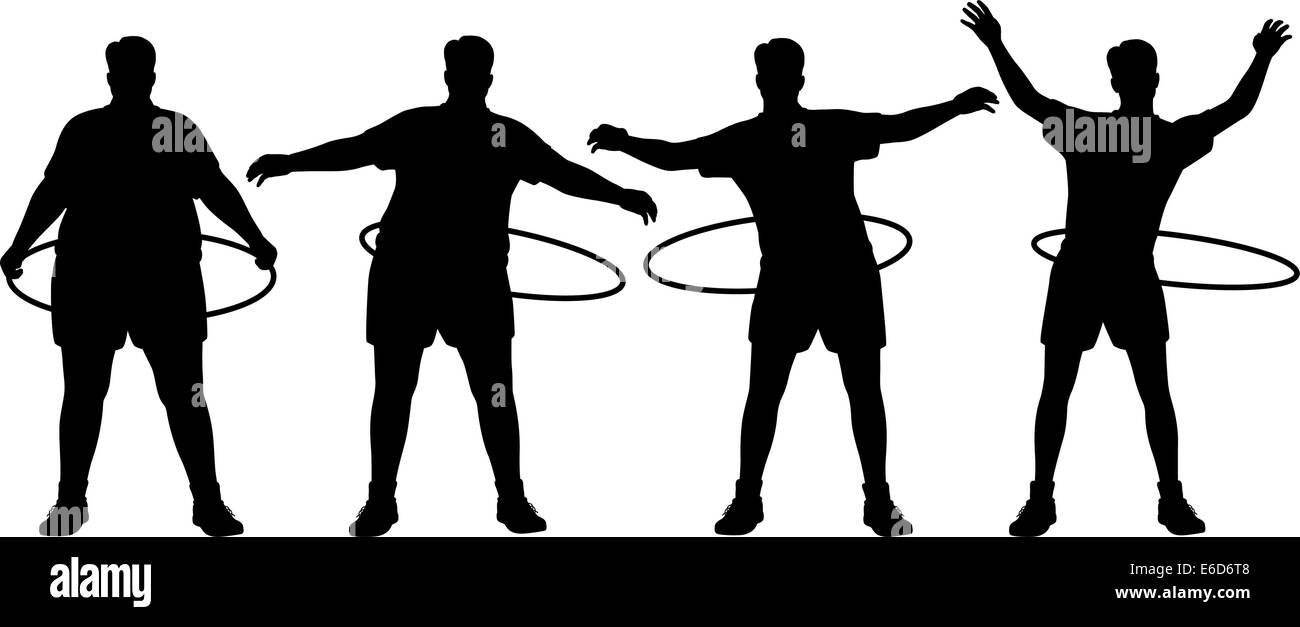 Editable vector sequence of a man losing weight through hula hoop exercise with figures and hoops as separate objects Stock Vector