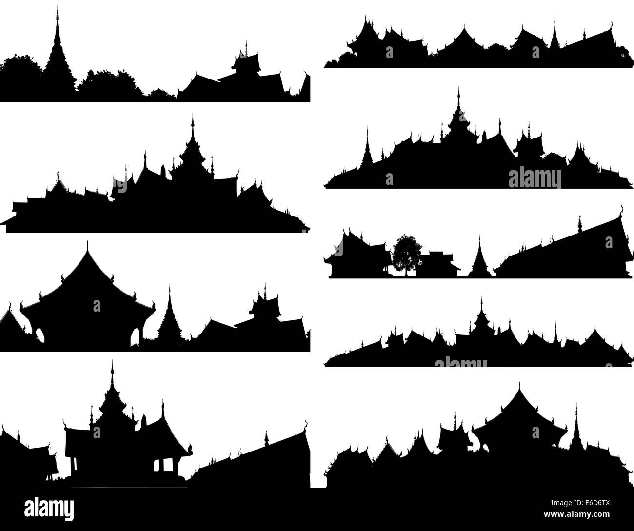 Set of editable vector silhouettes of Buddhist temple complexes Stock Vector