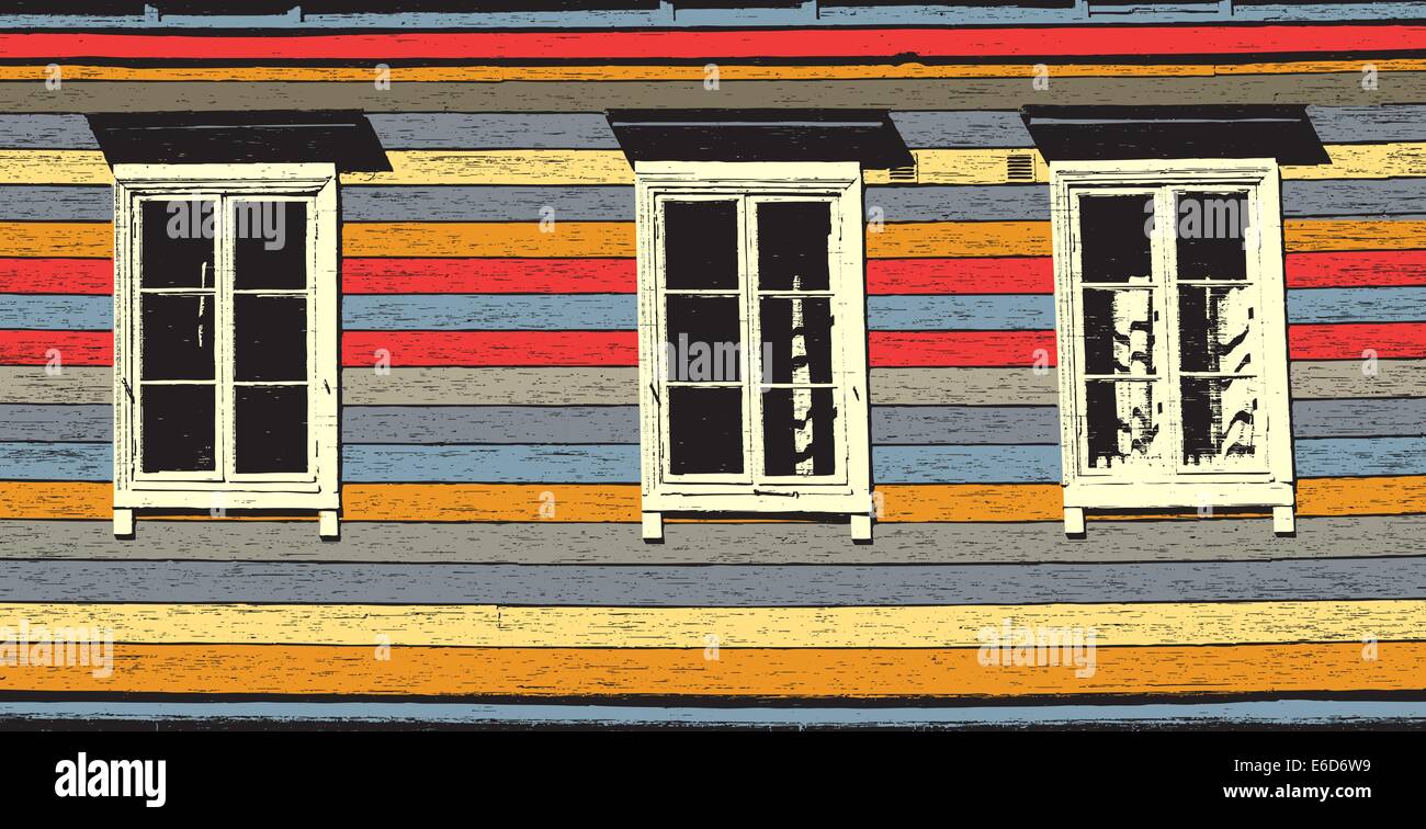 Colorful editable vector illustration of three wooden windows Stock Vector