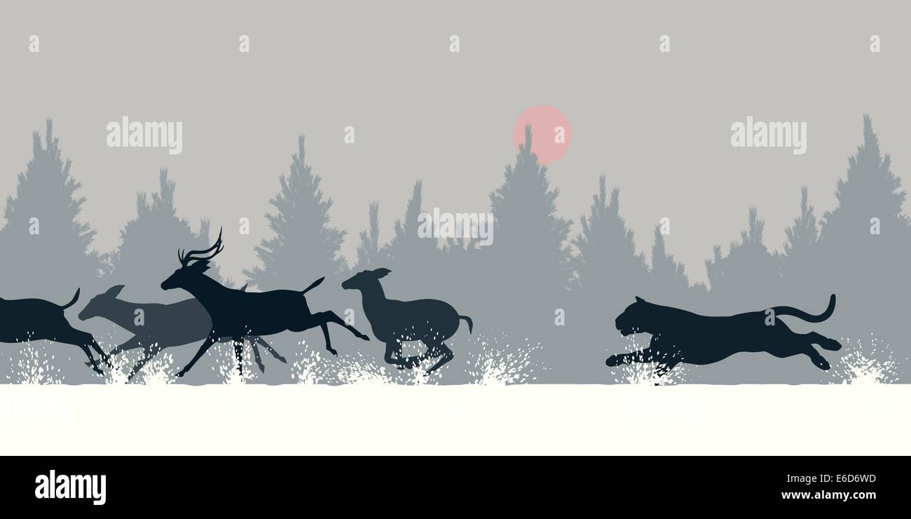 Editable vector illustration of a Siberian tiger chasing deer through snow Stock Vector