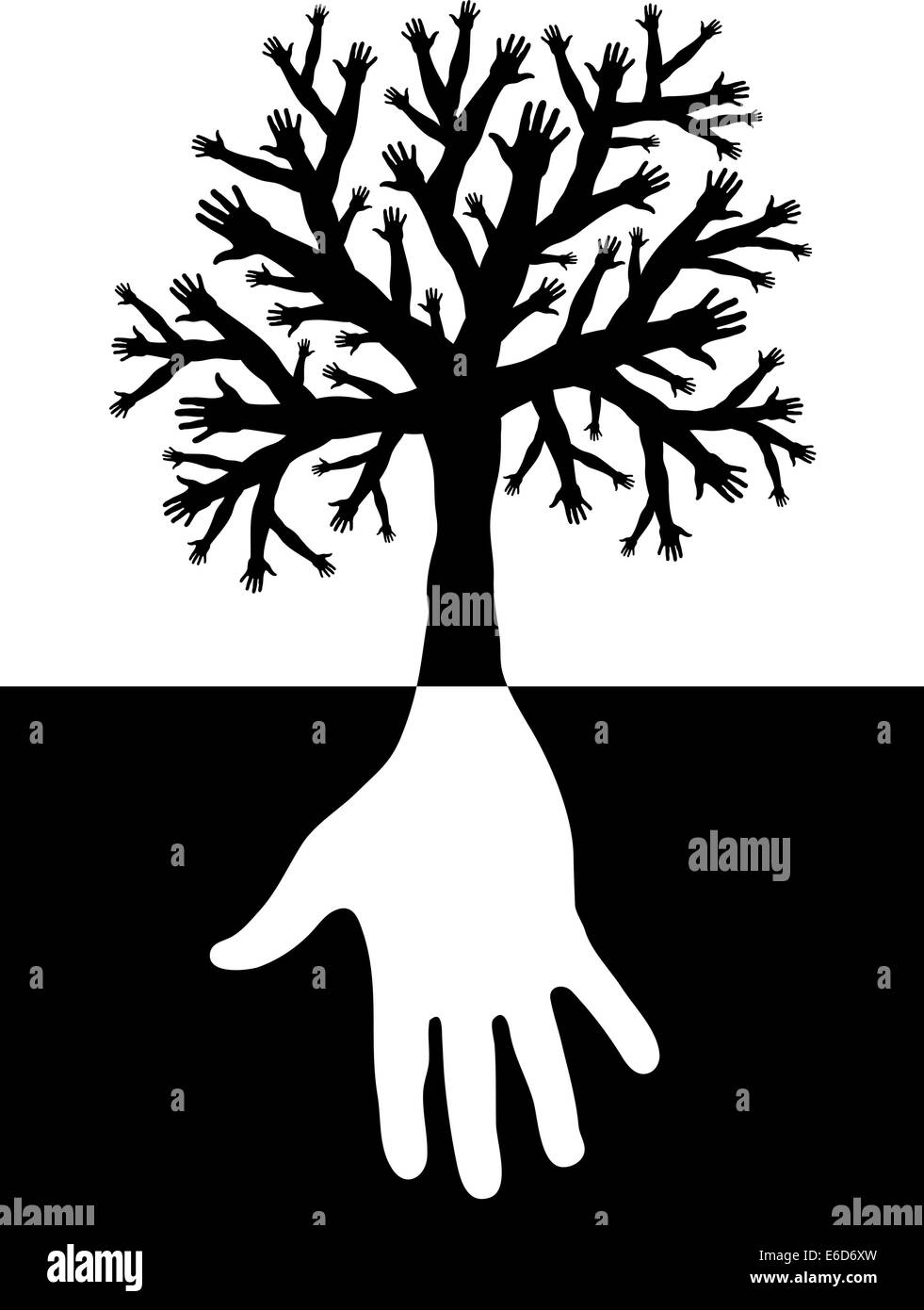 Editable vector design of a tree with branches and roots made of hands Stock Vector