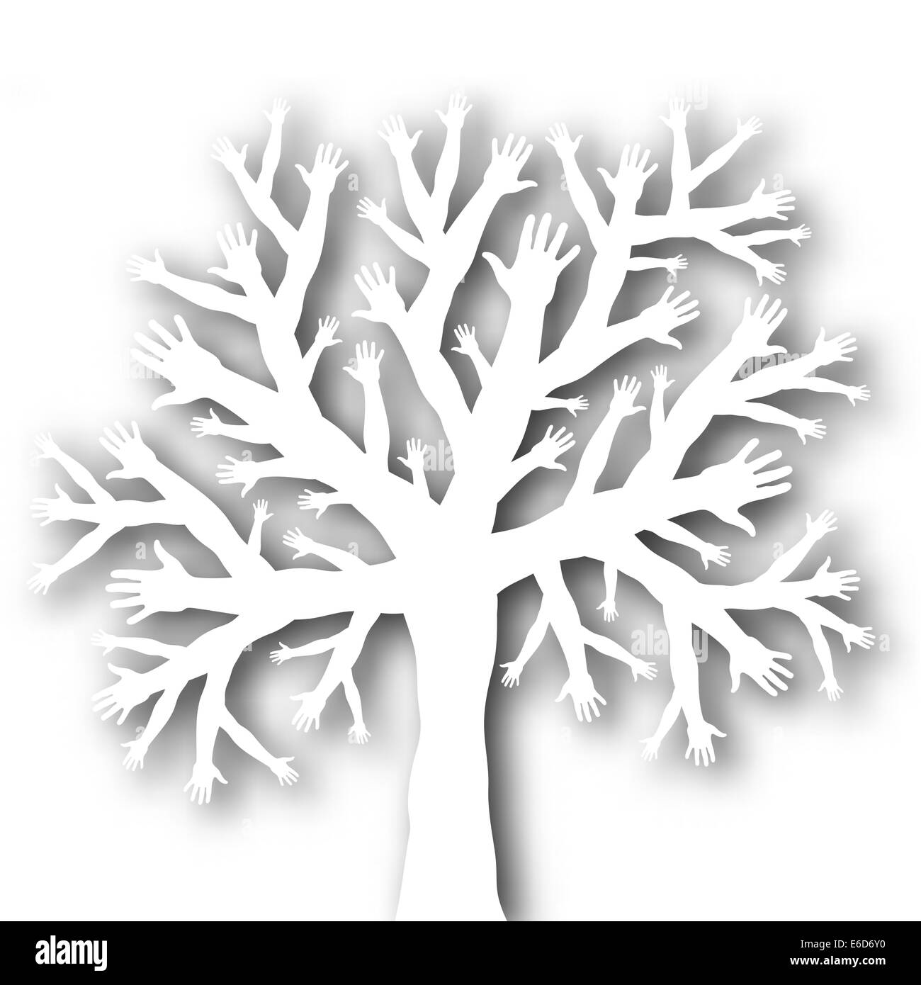 Editable vector cutout of a tree with branches and roots made of hands with background shadow made using a gradient mesh Stock Vector