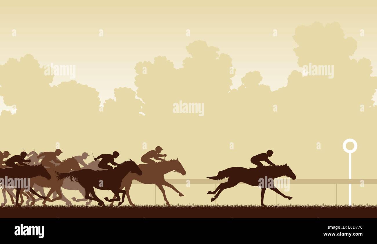 Editable vector illustration of a horse race with one horse and jockey about to win Stock Vector