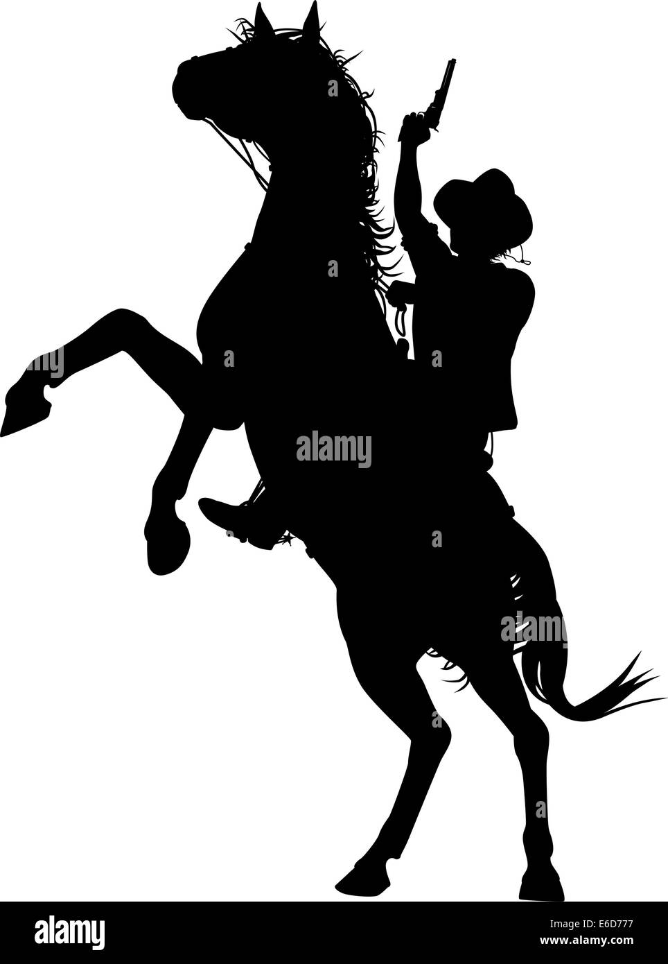 Editable vector silhouette of a cowboy shooting a pistol on a rearing horse Stock Vector