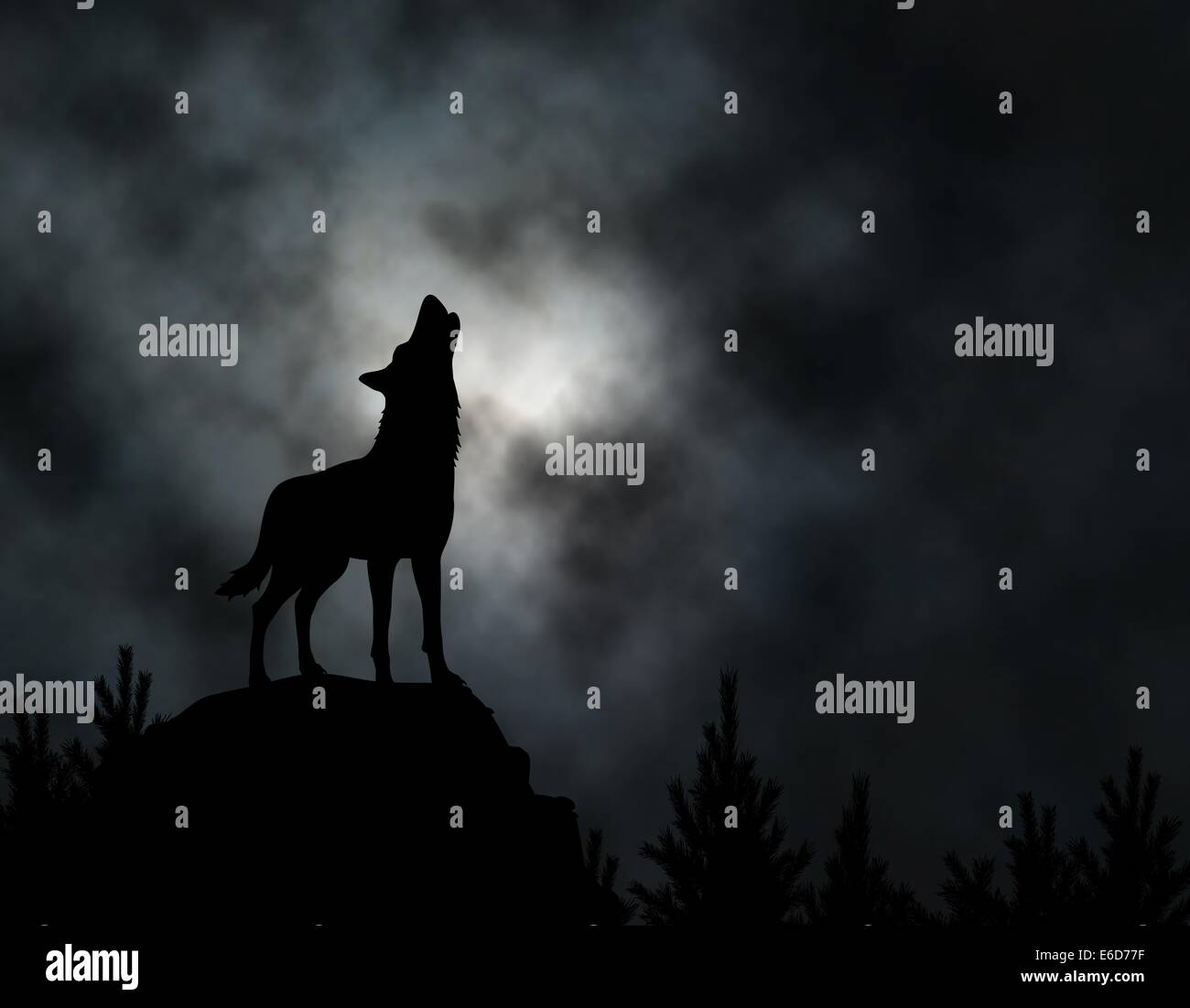 Editable vector silhouette of a howling wolf with moonlit clouds background made using a gradient mesh Stock Vector