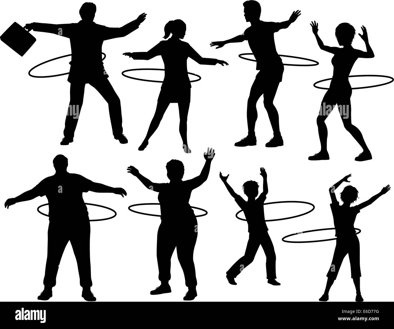 Set of editable vector silhouettes of people exercising with a hula hoop with figures and hoops as separate objects Stock Vector