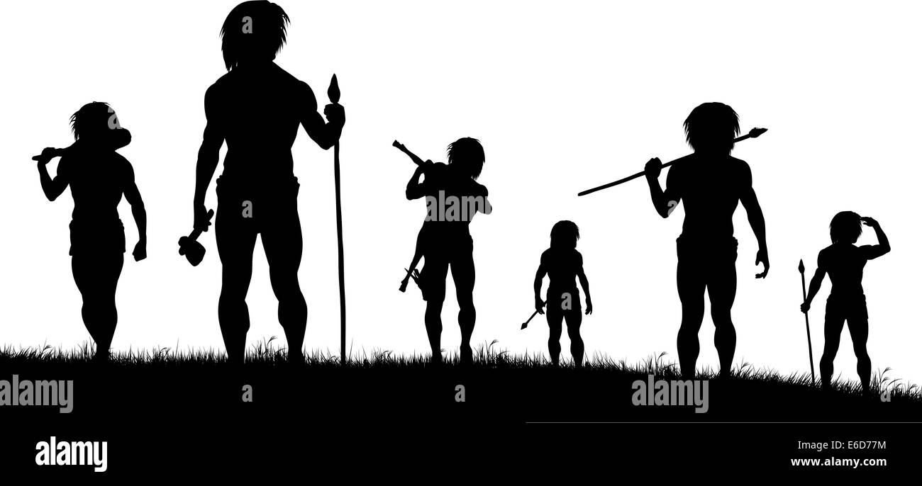 Editable vector silhouettes of cavemen hunters with each figure as a separate object Stock Vector